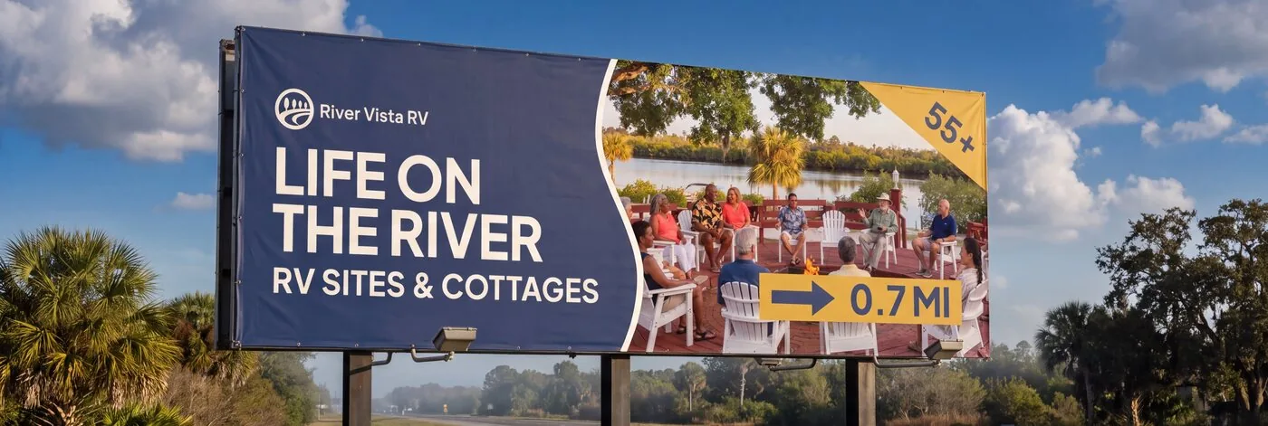 River Vista RV billboard beside a highway