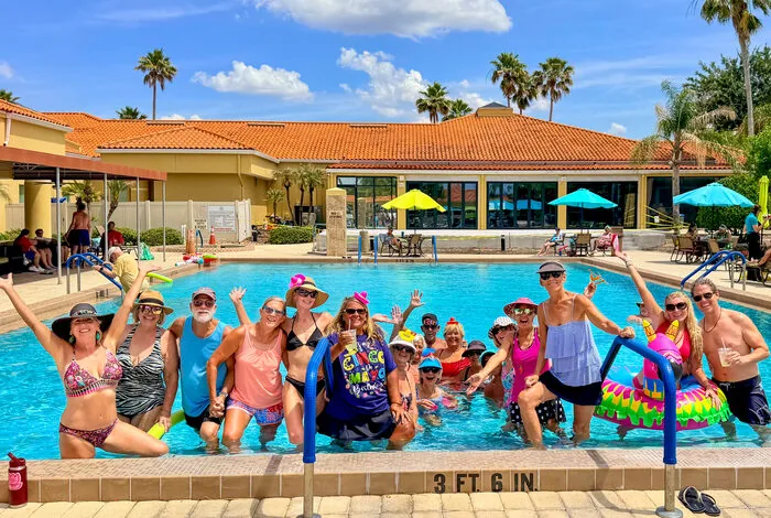 Residents in the pool at a Cinco de Mayo party, Cypress