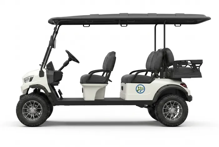 Six-seat golf cart, side view, decal treatment on a cream chassis