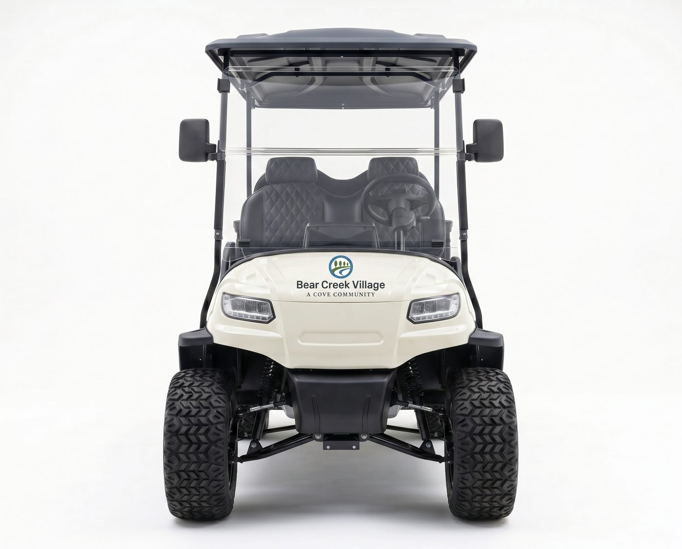 Six-seat golf cart front with decal treatment