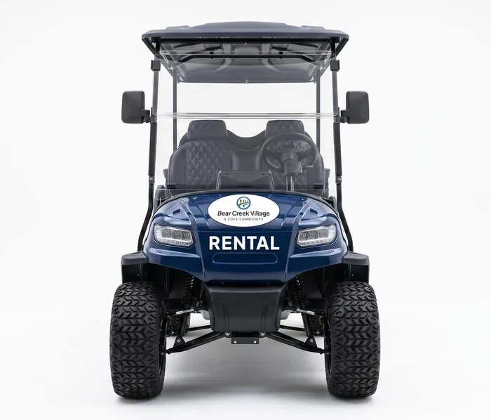 Six-seat golf cart, front view, full brand on a navy chassis, RENTAL livery