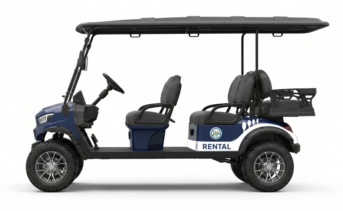 Six-seat golf cart, navy chassis, rental livery