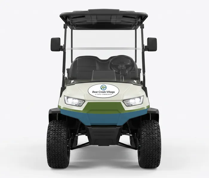 Six-seat golf cart, front view, full wrap on a cream chassis, TEAM livery