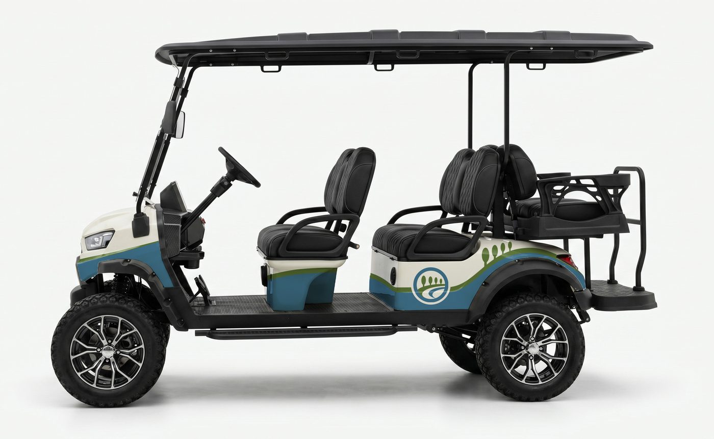 Six-seat golf cart, full wrap, cream chassis, team livery