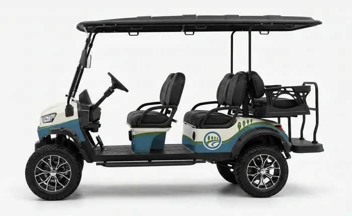 Six-seat golf cart, side view, full wrap on a cream chassis, TEAM livery