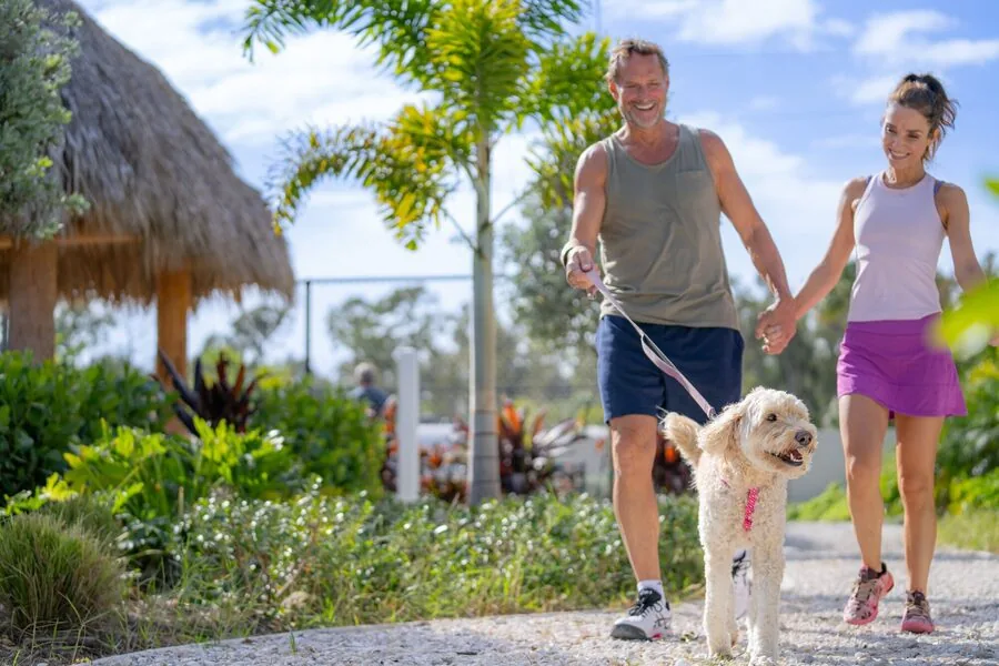 A couple walking their dog on a palm-lined path, Blueway RV