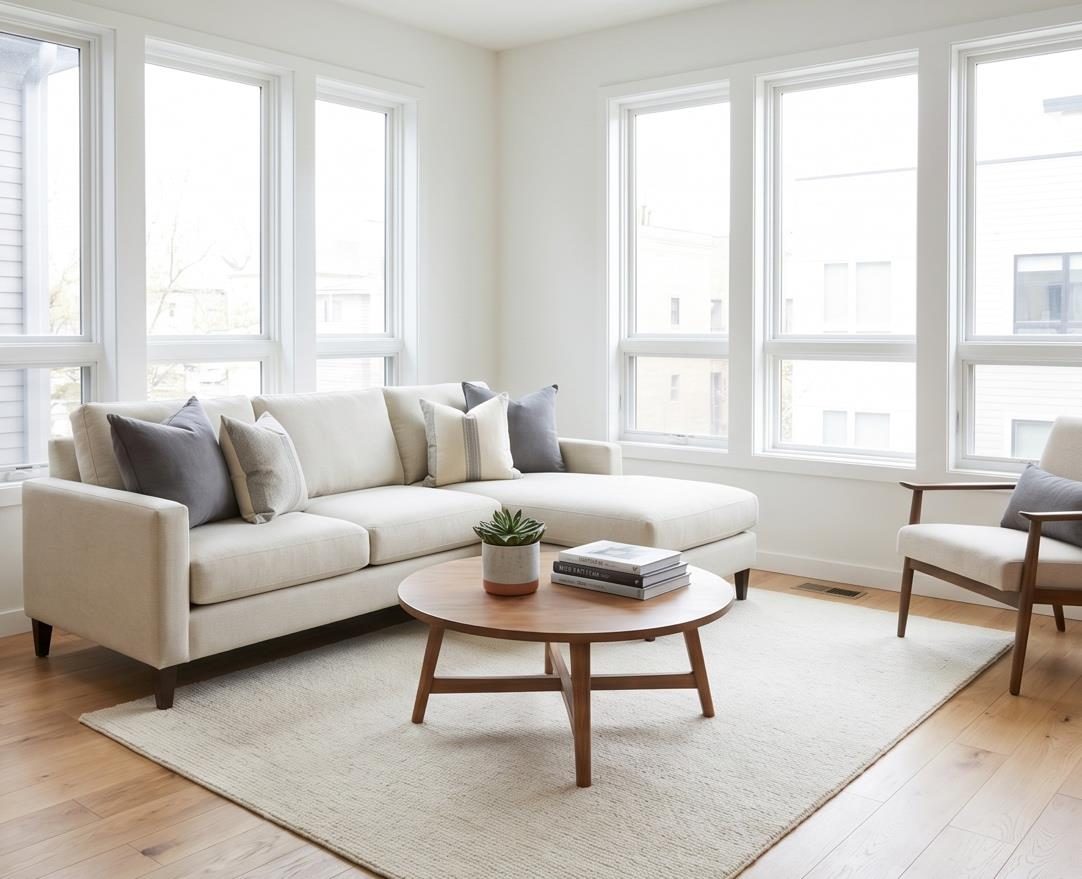 Living room with blinds open, natural daylight