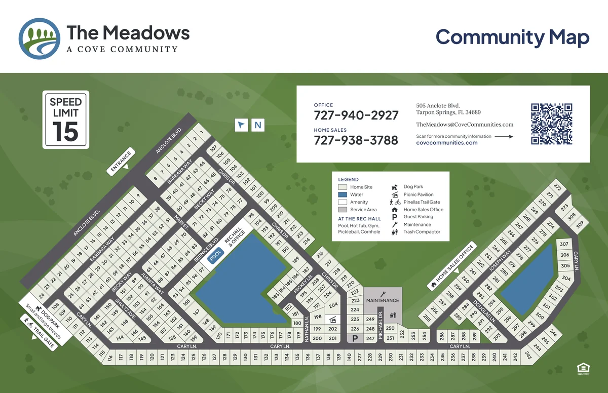 The Meadows Community Map: a white header with the property logo and the title, numbered home sites on a Sage field, gray roads, two ponds, a contact panel with a QR code, and a legend