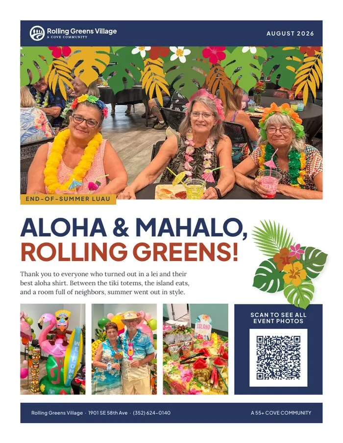 Community newsletter page, Rolling Greens Village luau