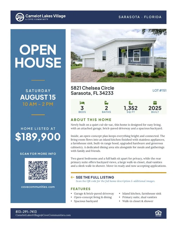 Open house flyer, Camelot Lakes Village