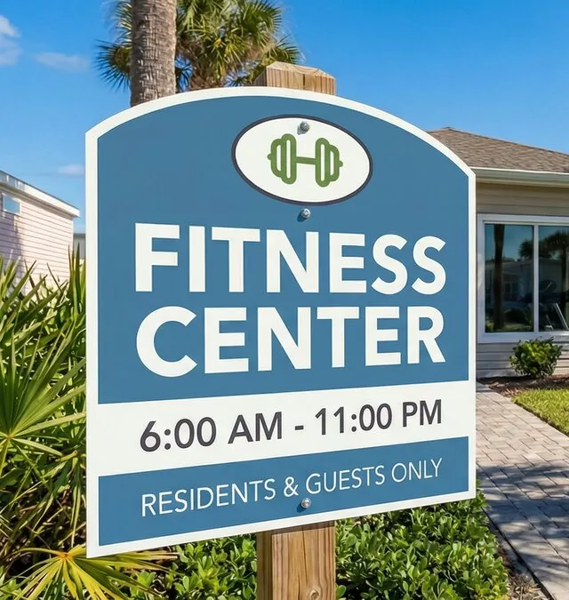 Fitness Center sign showing opening hours and who may use it
