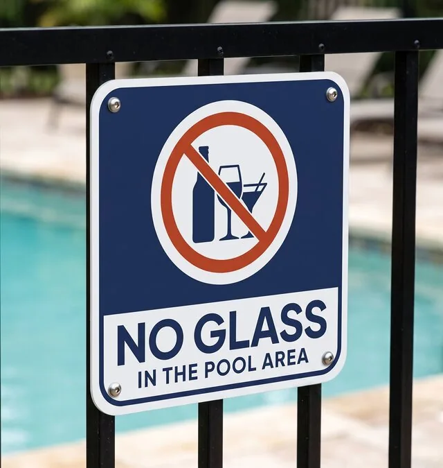 No glass in the pool area sign, mounted on a pool fence