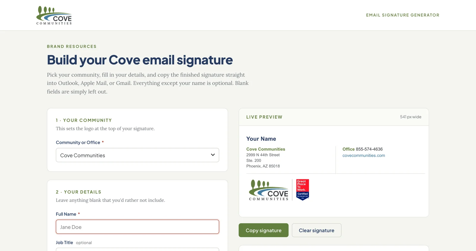 The Cove email signature generator: a form on the left and a live preview of the finished signature on the right