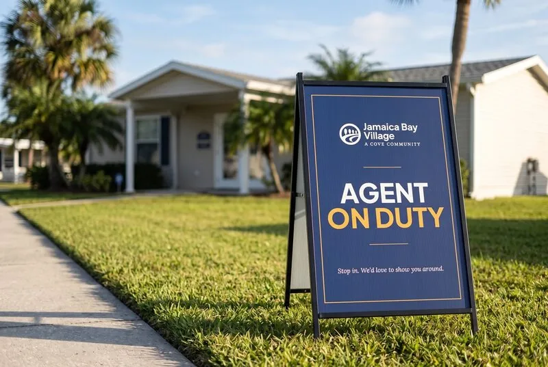 Agent on Duty A-frame sign outside a sales office