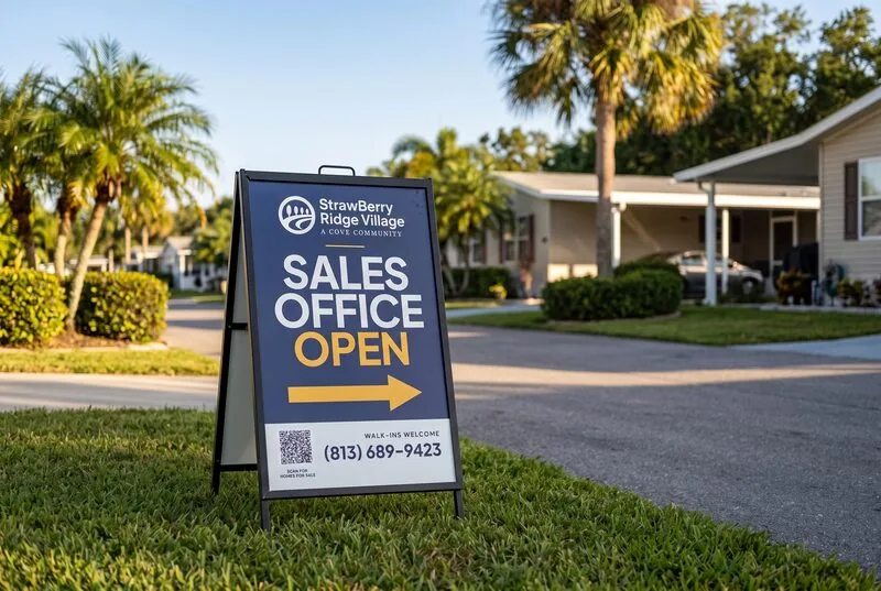 Sales Office Open A-frame sign on a lawn beside a community street
