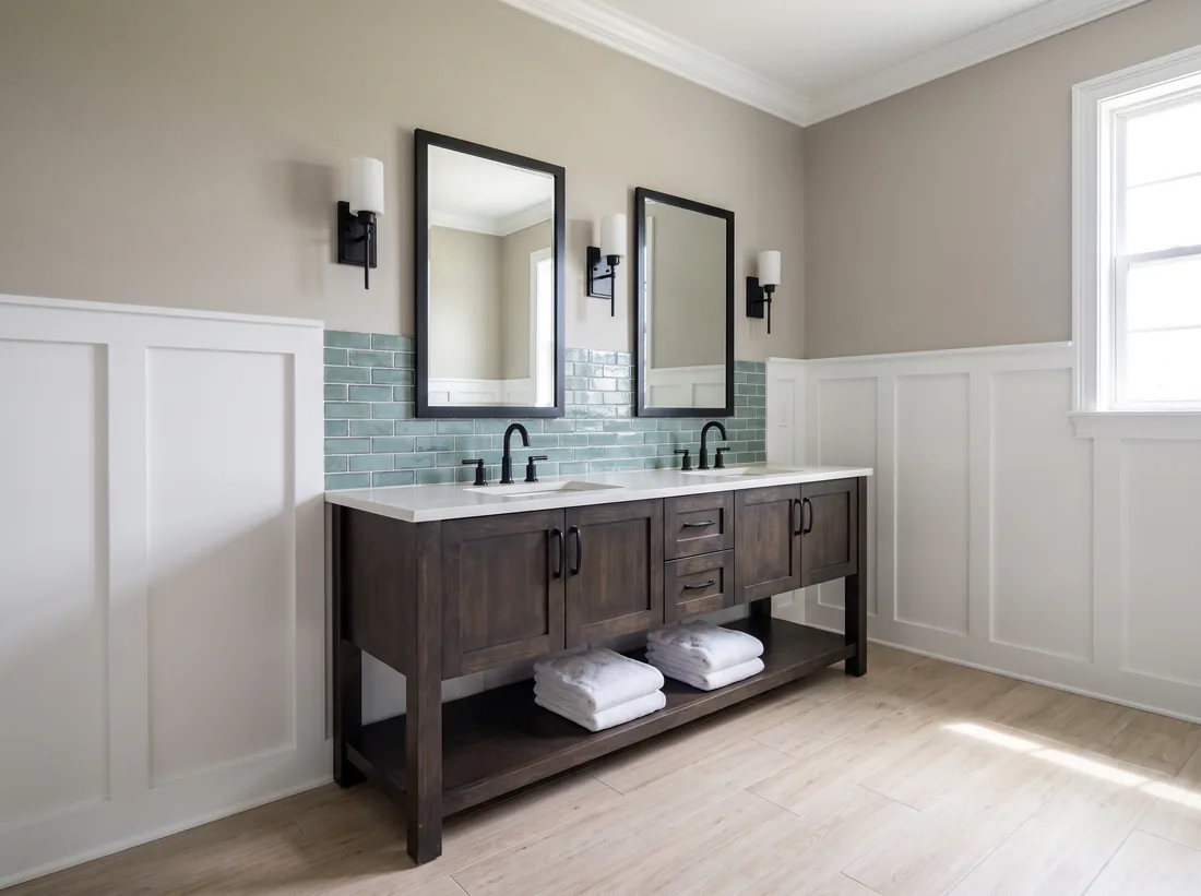 Concept rendering of a clubhouse restroom with green-blue tile, black hardware, and white paneling