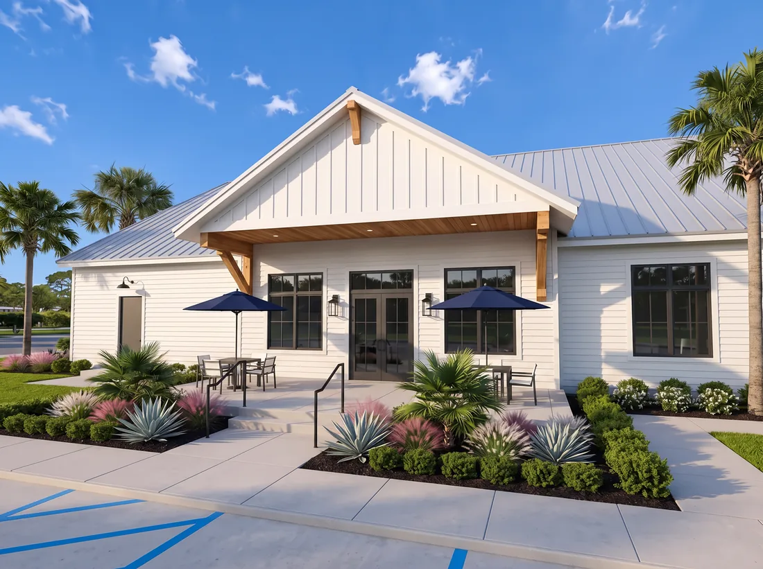 Concept rendering of a clubhouse entrance with white siding, a gray metal roof, and wood beam brackets