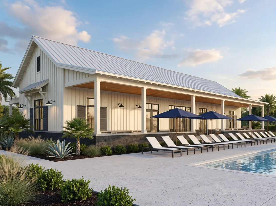 Concept rendering of a clubhouse pool deck at golden hour with navy umbrellas and white loungers