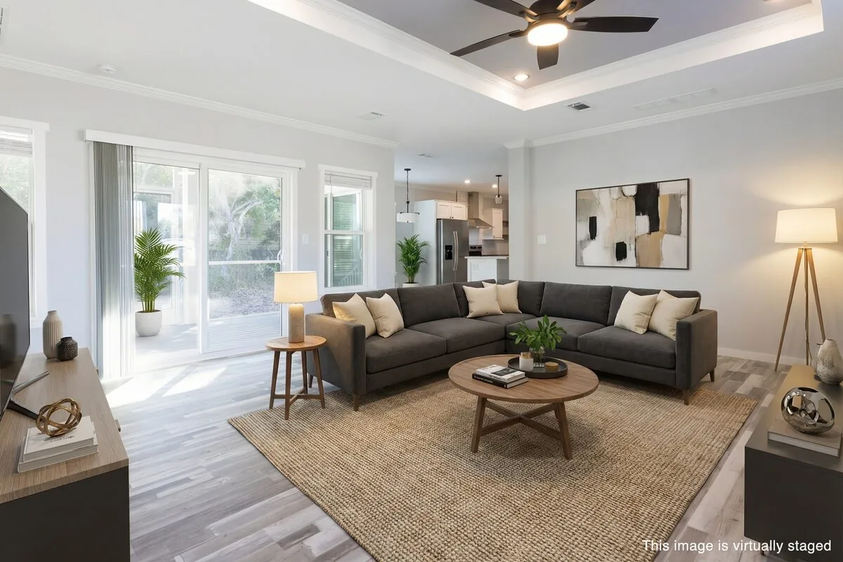 The same living room after virtual staging, furnished