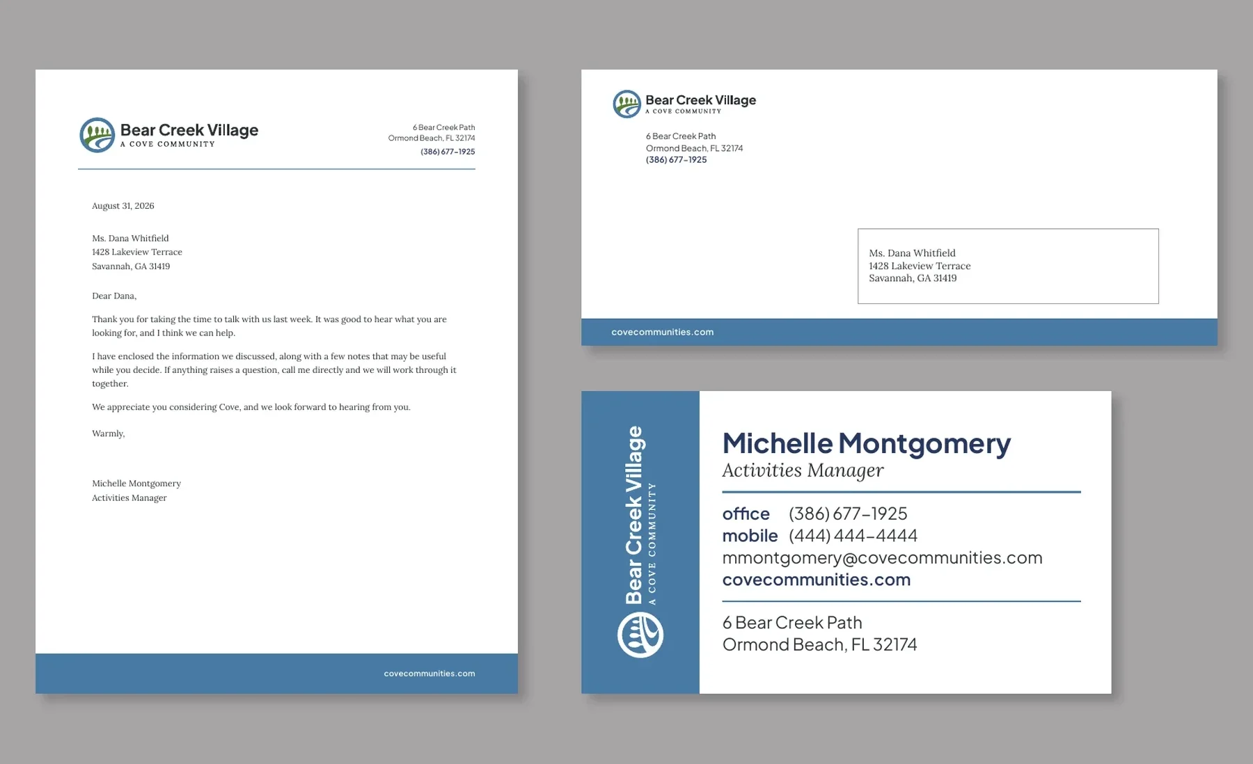 Bear Creek Village letterhead, envelope, and business card in slate blue, using the same band and side strip as the home office set