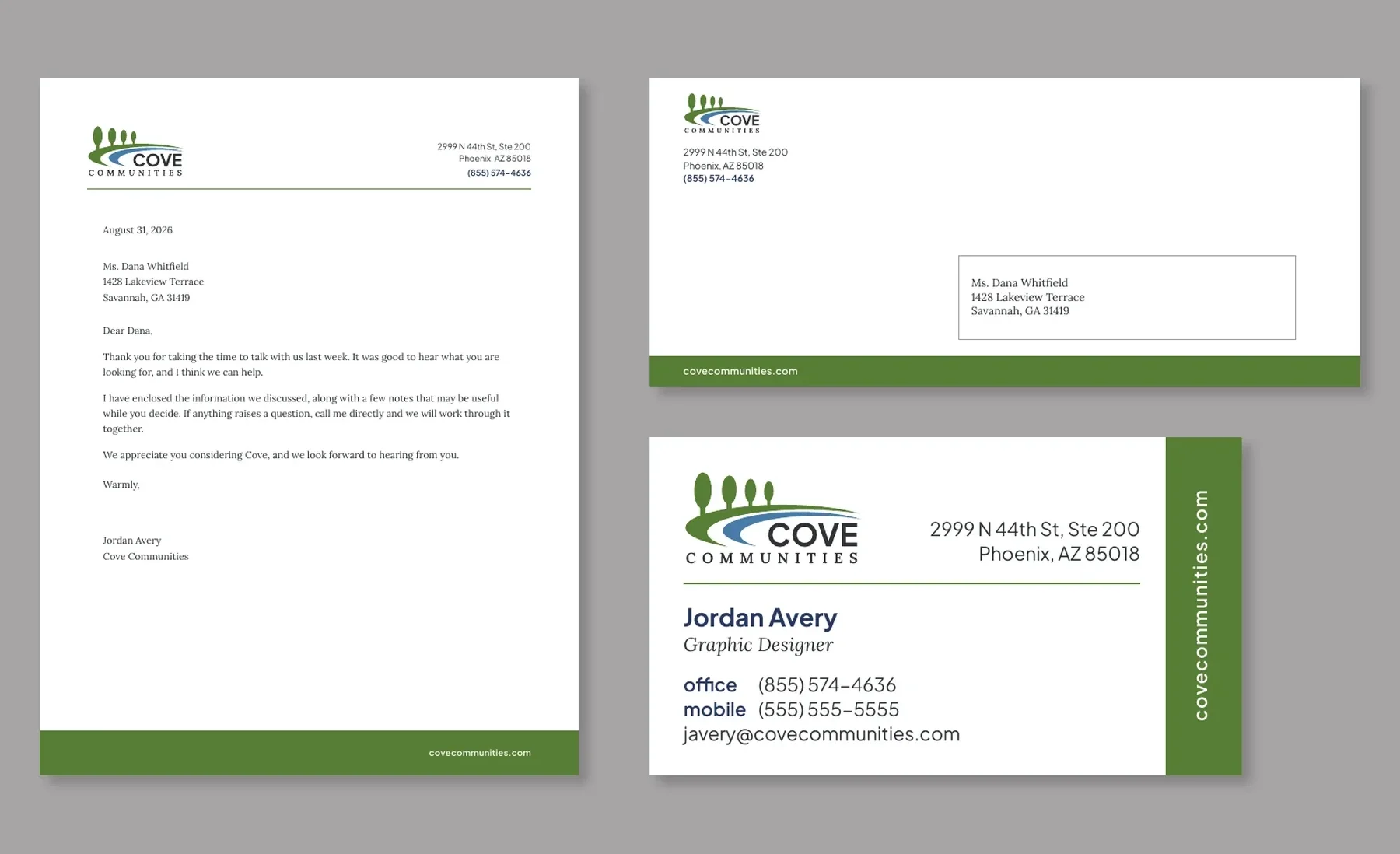 Home office letterhead, envelope, and business card sharing a sage band along the bottom edge and a matching strip up the side of the card