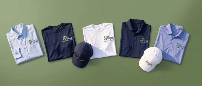 Cove branded apparel range: shirts, polos, and caps