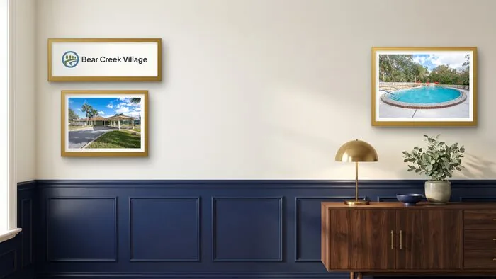 A branded video meeting background for Bear Creek Village