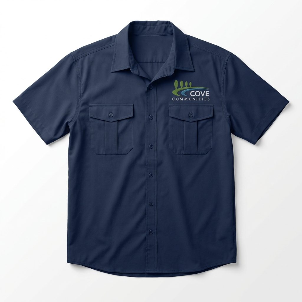 Navy branded button-up shirt